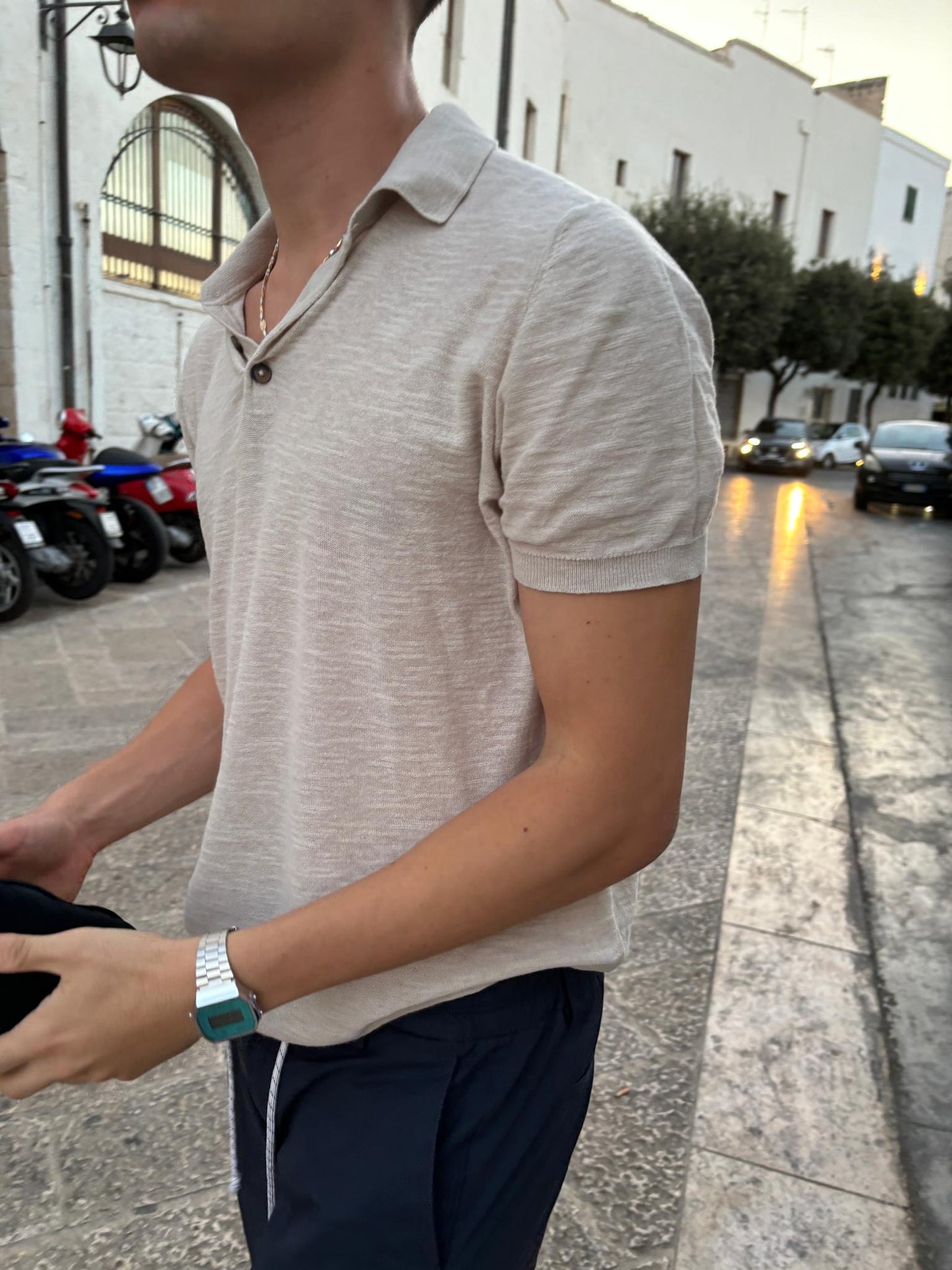 Maglietta Polo Maniche Corte Slim Con Bottoni Sabbia - Old Money Style